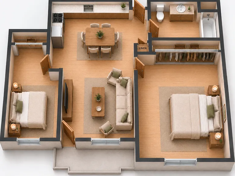 2 Bed 1 Bath Floorplan Diagram