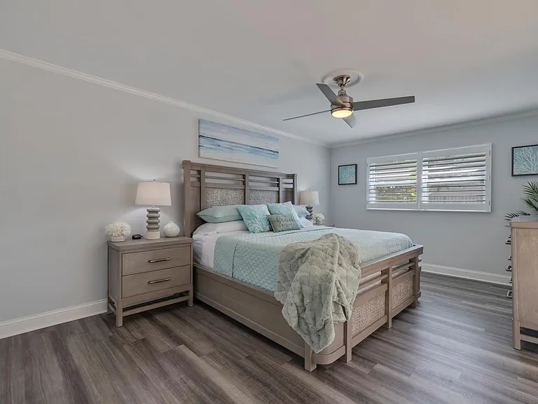 Master bedroom with king bed and 55 inch Samsung Smart TV.