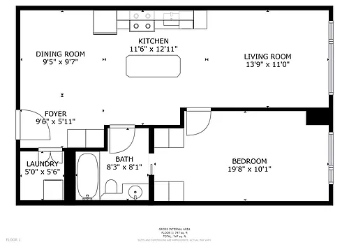 Floor plan 1 Bedroom 1 Bed 1 Bath 2