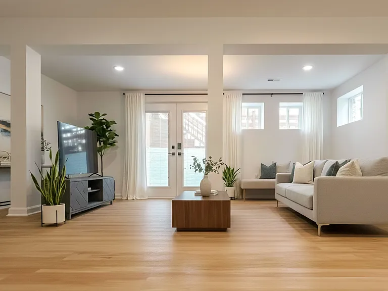 Private enclosed three-season room with French doors, multiple windows, updated flooring, and bright natural light.