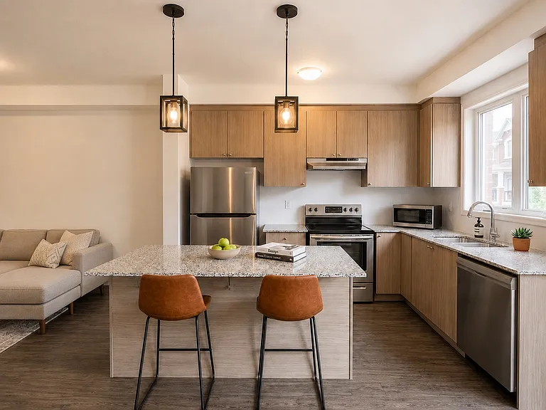 Gourmet Kitchen: Large central island with a breakfast bar, elegant granite countertops, and extensive cabinet storage