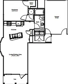 The Celebrity: 763 sq. ft. with an attached garage, bay window, angled kitchen island, and open patio or balcony for flexible indoor-outdoor living. The Celebrity: 763 sq. ft. with an attached garage, bay window, angled kitchen island, and open patio or b