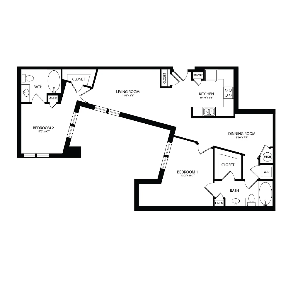 Floor plan 2 Bedroom, 2 Bath 1153 SF B13