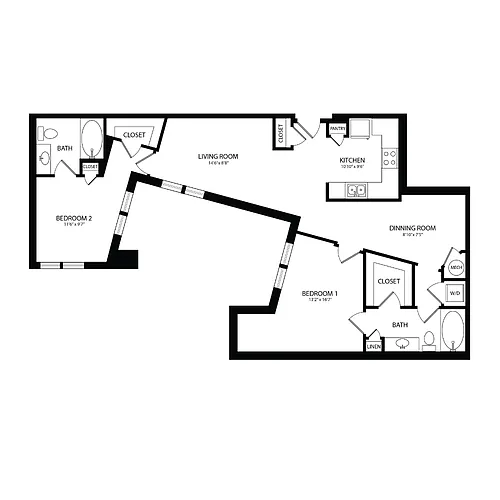 Floor plan 2 Bedroom, 2 Bath 1153 SF B13