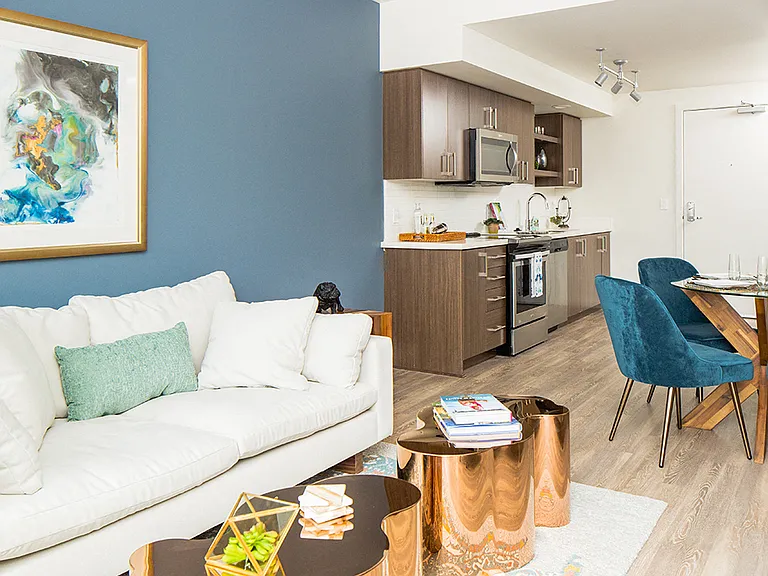 Living area with vibrant accents and open layout for easy entertaining.