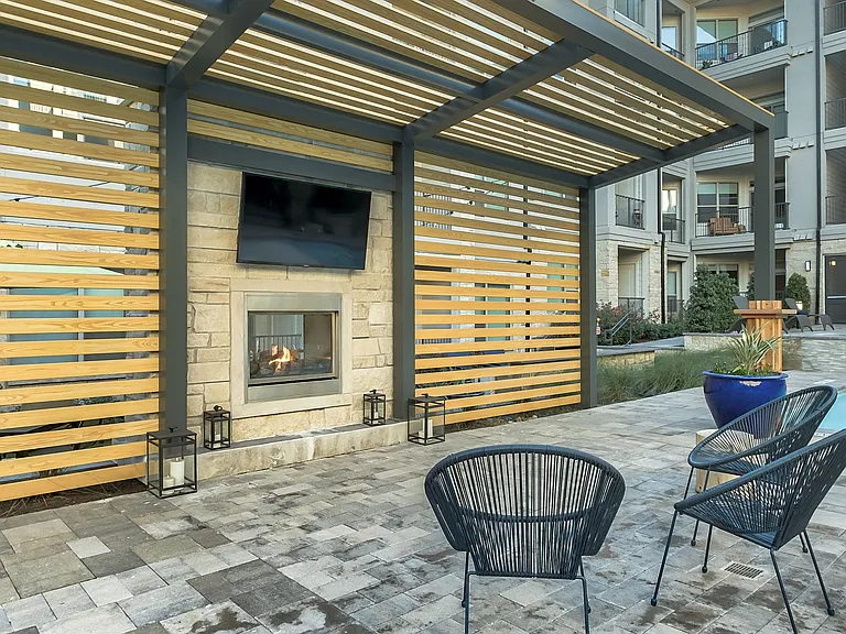 On cool nights, cozy up at the outdoor fireplace