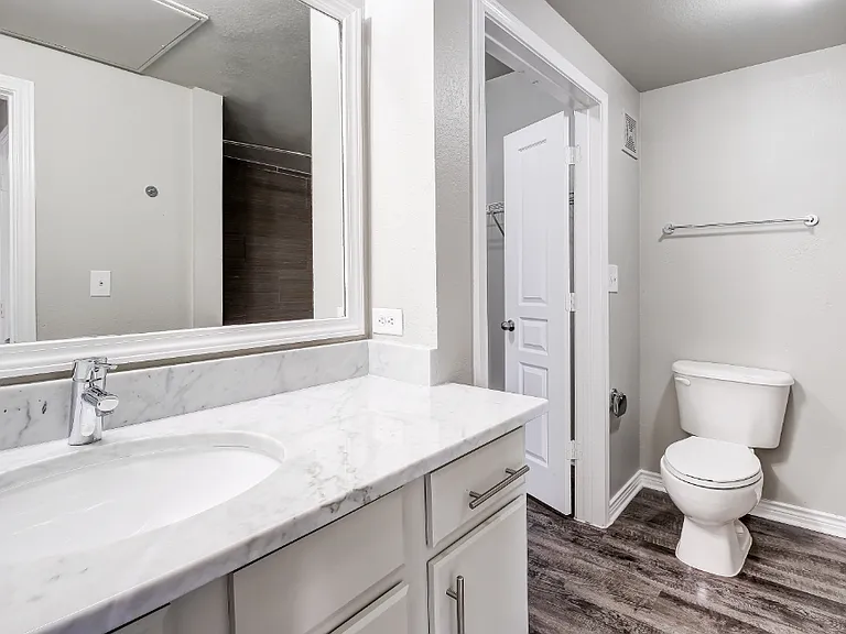 Bathroom with framed mirror, walk-in closet, marble countertop and white cabinets
