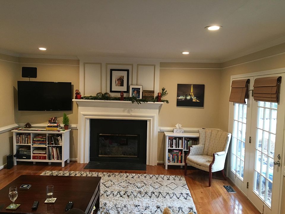 The family room with wood-burning fireplace