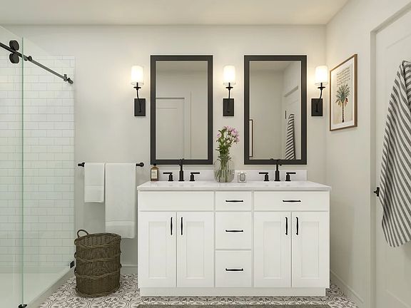 Primary bath with dual sinks and matte black fixtures
