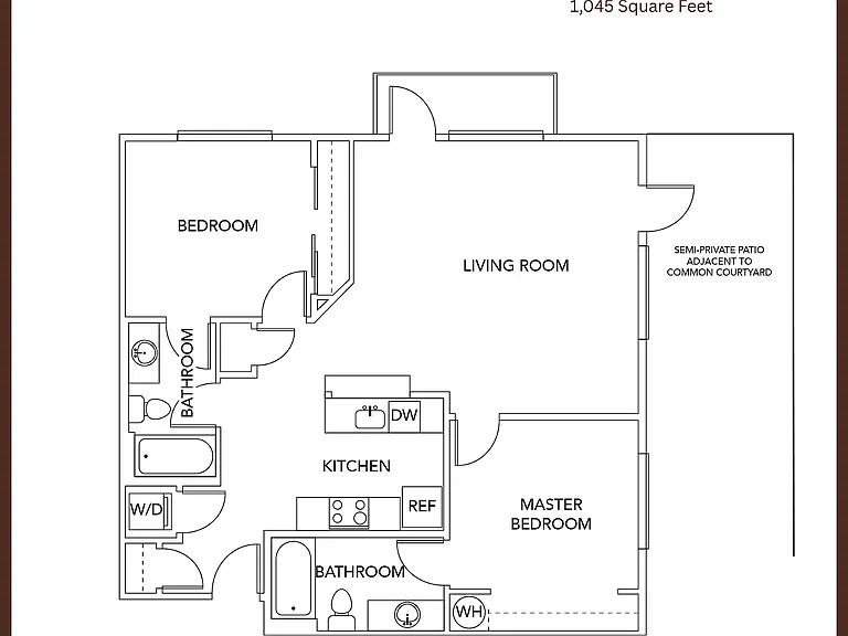 Elegant floor plan of a 2-bed, 2-bath apartment featuring a spacious living room, modern kitchen, and semi-private patio, totaling 1,045 square feet. Elegant floor plan of a 2-bed, 2-bath apartment featuring a spacious living room, modern kitchen, and sem