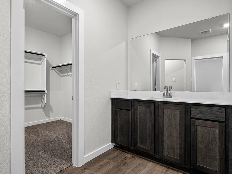 The master bathroom has a sprawling vanity.