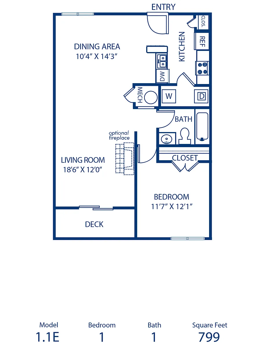 Floor plan 1BR 1BA 799 sqft