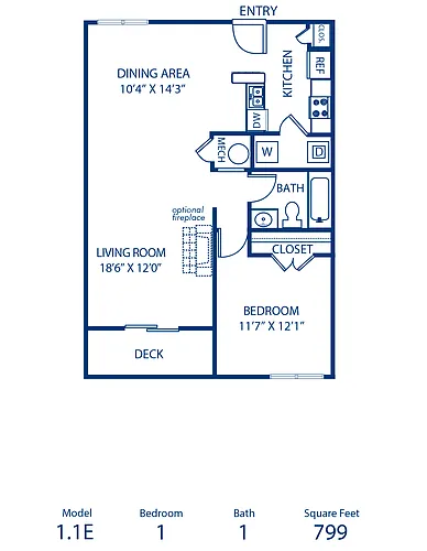 Floor plan 1BR 1BA 799 sqft
