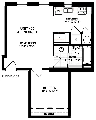 Floor plan 1 Bedroom 1 Bath - Unit 405
