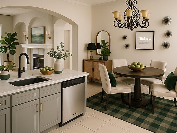 open concept kitchen with back patio lake view