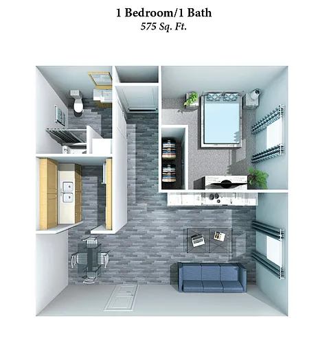 Floor plan 1 Bed, 1 Bath 575SqFt