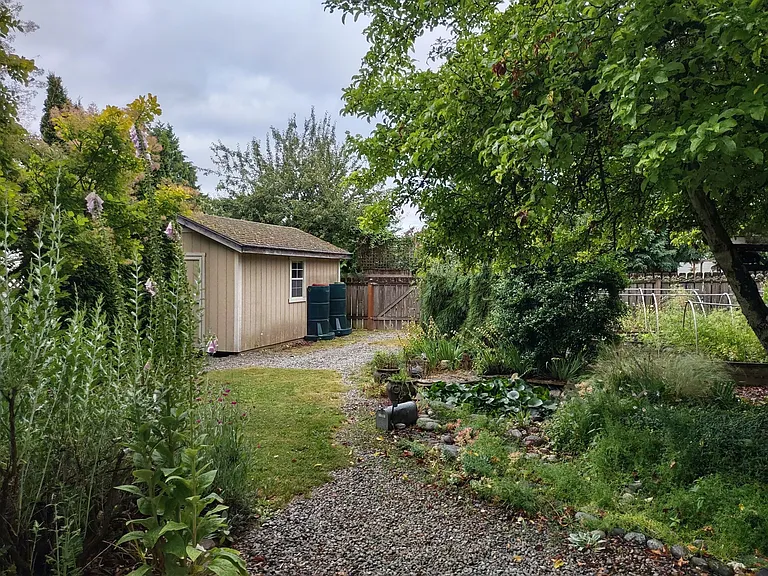 Storage shed and rain catchers.