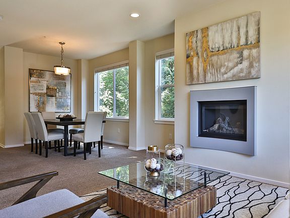 Modern gas fireplace gives living room a sophisticated ambiance.