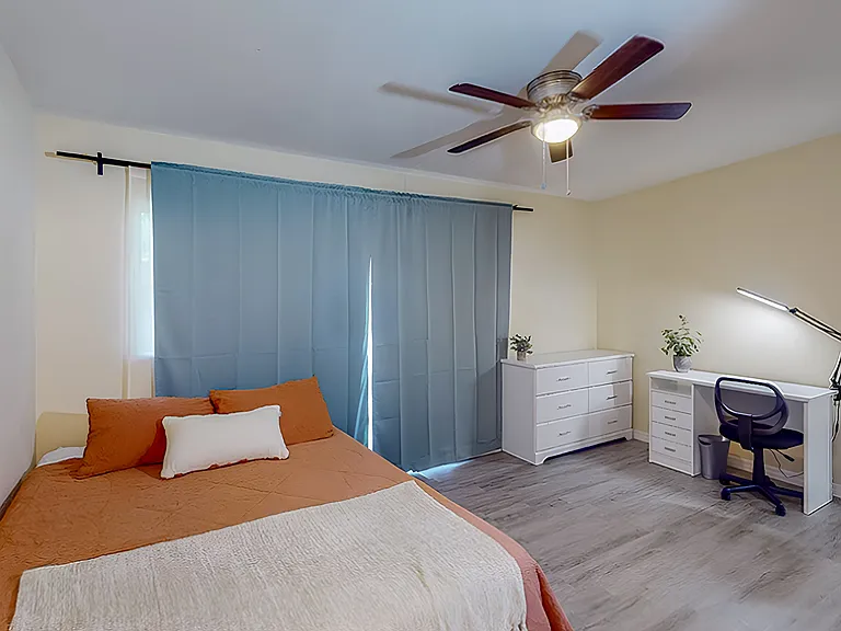 This layout will likely change. Behind the curtain is the back yard that one can access through a key lockable entry.