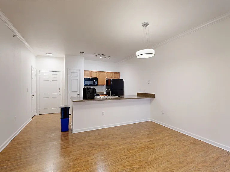 Apartment kitchen, dining and living room with wood-style flooring.