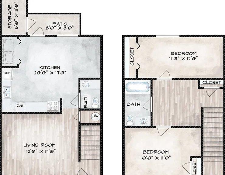 2 Bed 1.5 Bath Floorplan Diagram