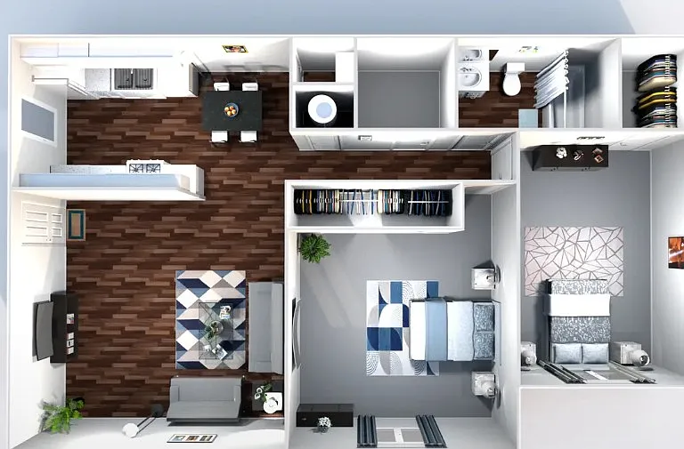 Contemporary 2D floor plan displaying 2 bedrooms, open kitchen-dining area, cozy living room, and modern bathroom. Contemporary 2D floor plan displaying 2 bedrooms, open kitchen-dining area, cozy living room, and modern bathroom.