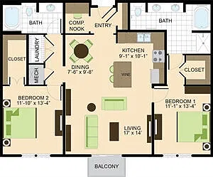 Floor plan 2 BR 1287sf
