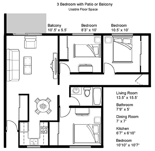 Floor plan 3 bedroom with balcony