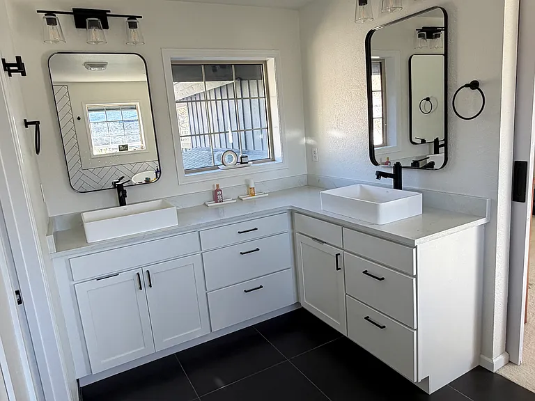 en suite master bath with walk in shower, vessel tub and heated Toto