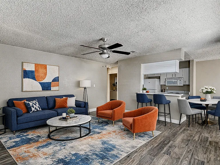 Modern living room with open kitchen