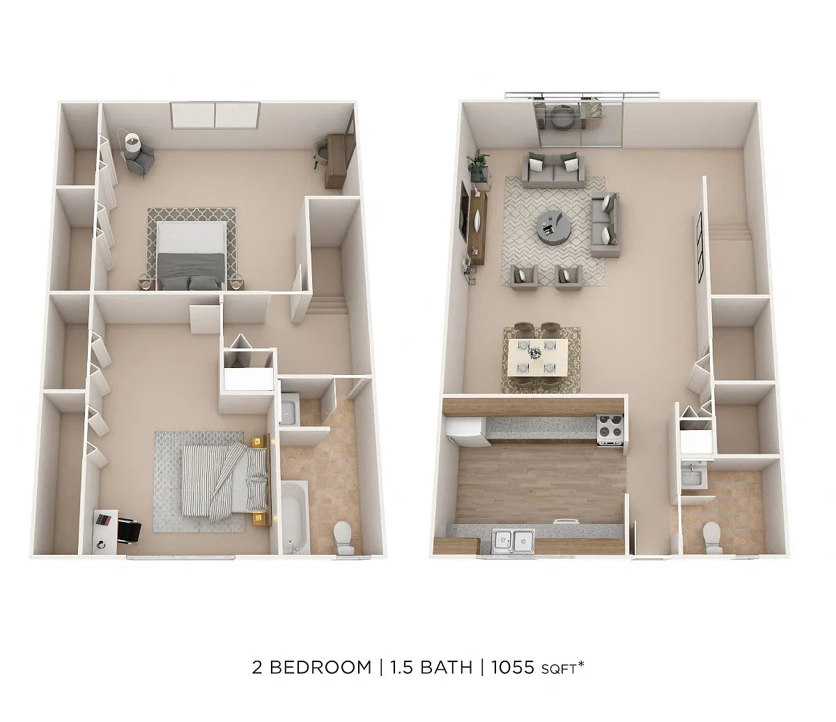 Floor plan Two Bedroom 1.5 Bath Townhome- 1055 sqft
