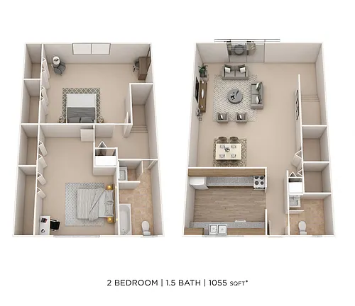 Floor plan Two Bedroom 1.5 Bath Townhome- 1055 sqft