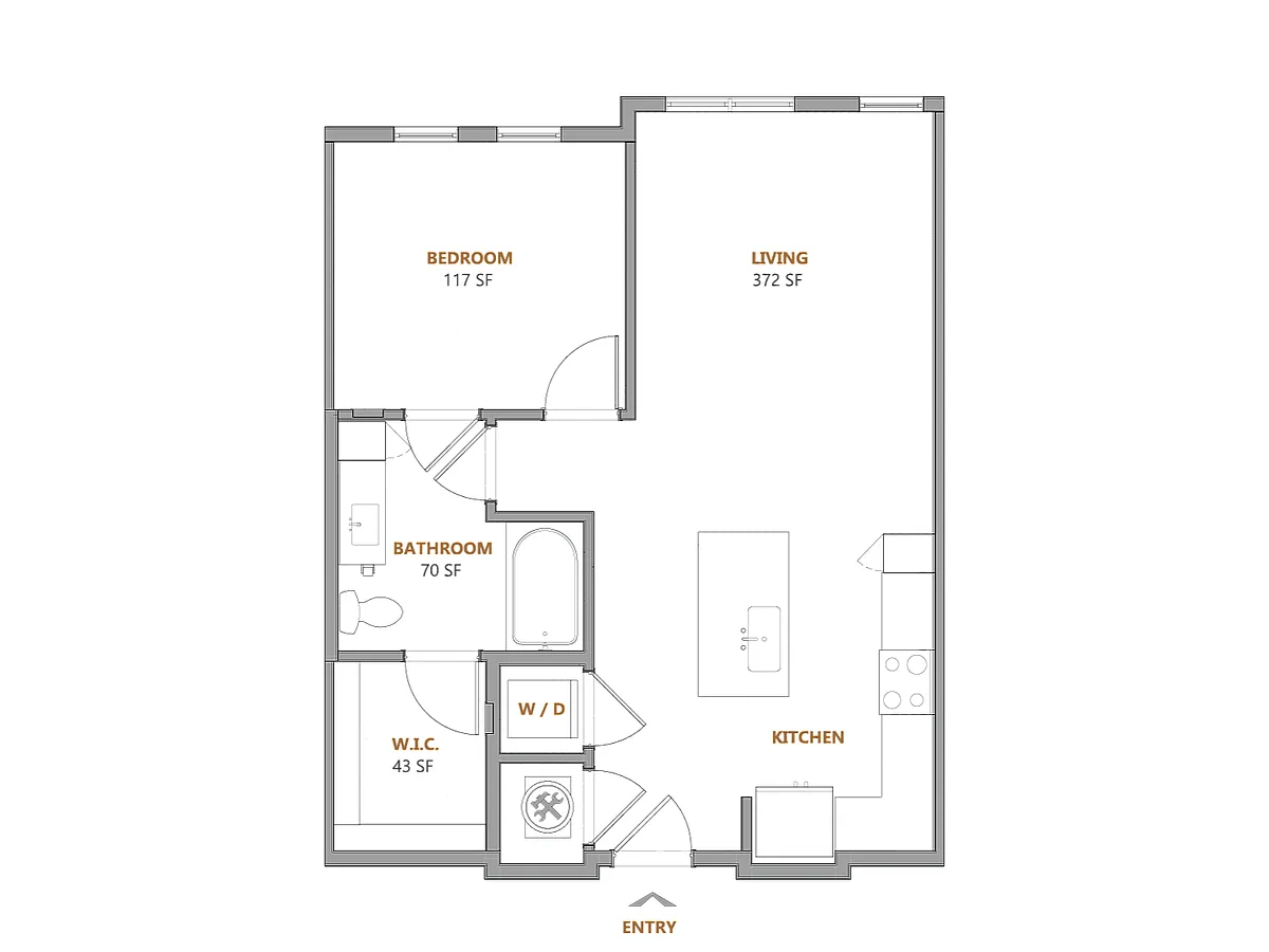 Floor plan 1 Bed, 1 Bath B (100% Income Restricted)