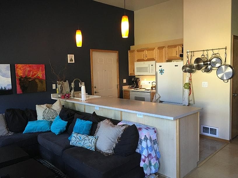 Kitchen opens to living area