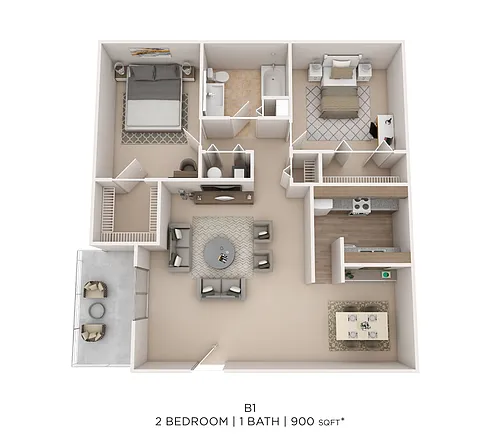 Floor plan Two Bed One Bath 900 Sqft