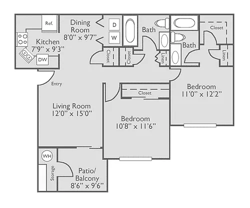 Floor plan 2 Bed, 2 Bath (60% Income Restricted)