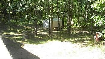 A view of the small storage shed and wooded property from the side deck. There is a small firepit ar