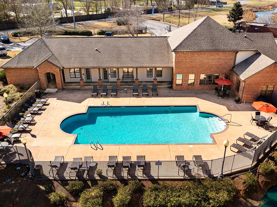 Aerial view of the clubhouse and pool