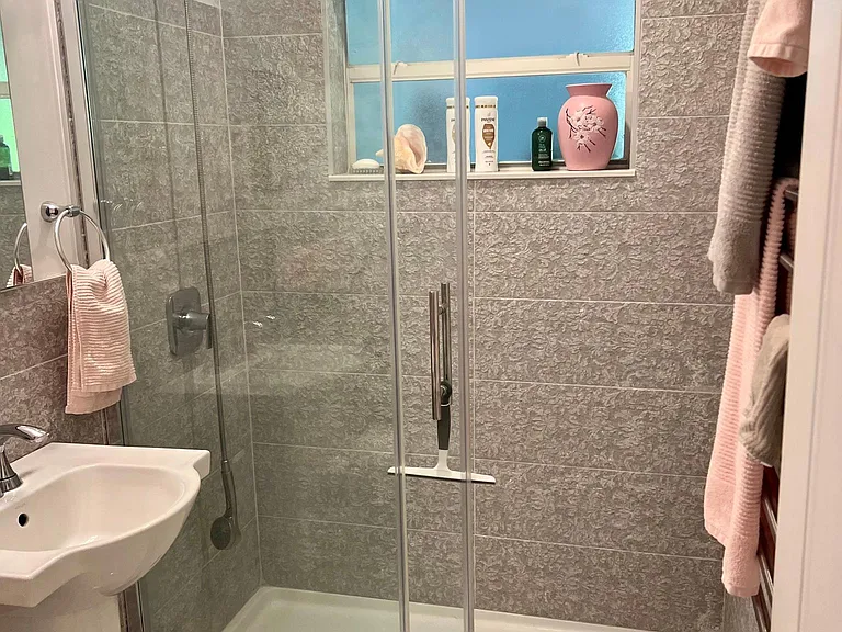 Guest/ hall bathroom with heated towel rack.