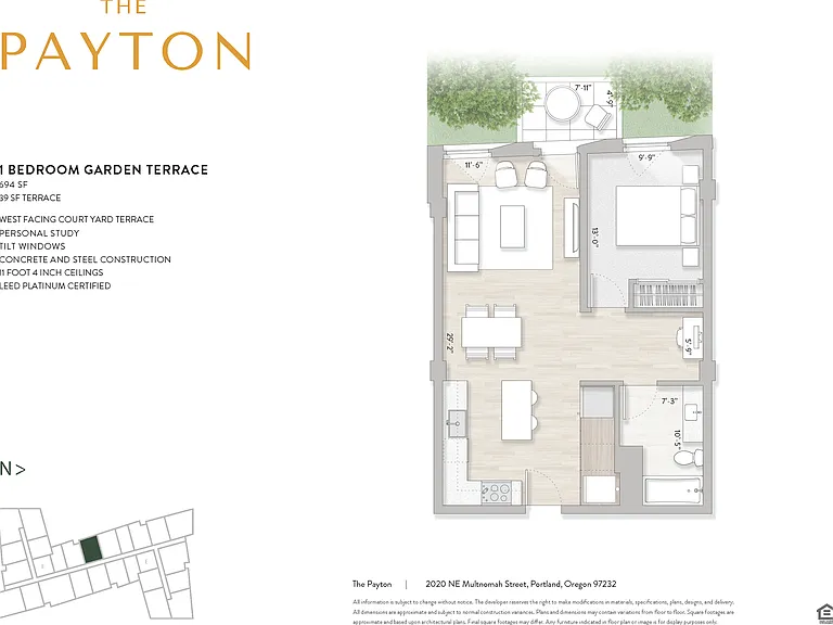 1x1 Garden Classic floor plan The Payton