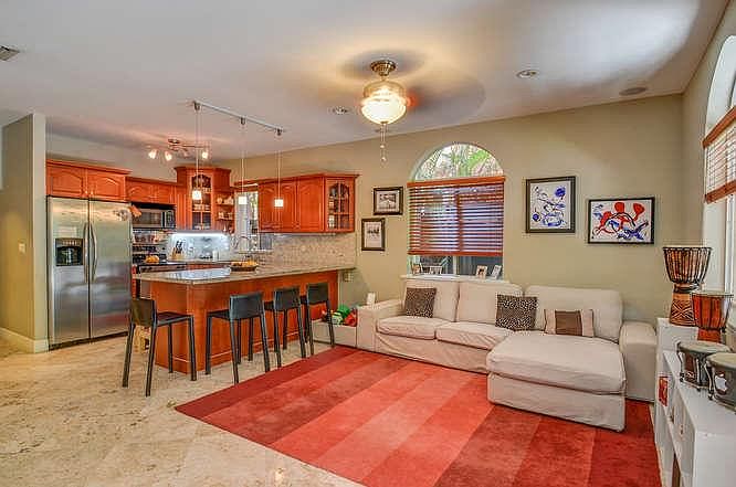 entertainment area and kitchen