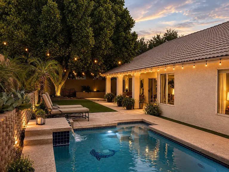 Resort-style backyard with pool, lush landscaping, and an inviting outdoor living area.