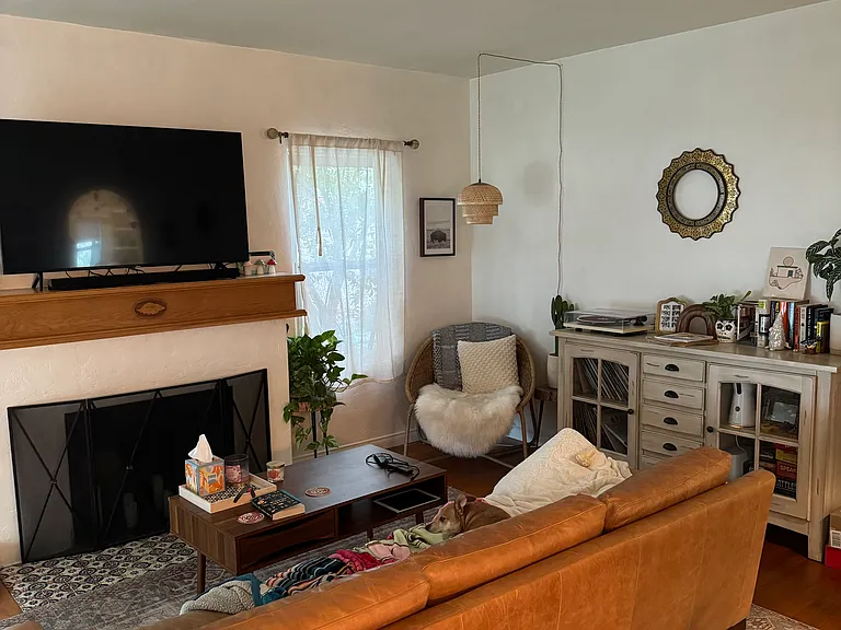 Living room with working fireplace