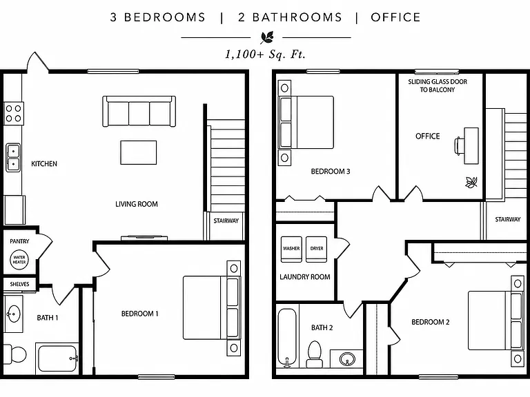 Functional two-story layout with 3 bedrooms, 2 bathrooms, dedicated office, private balcony, and 1,100 square feet.
