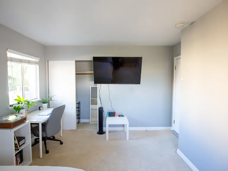 Full-sized closet includes a shoe shelf and a full-length mirror.
