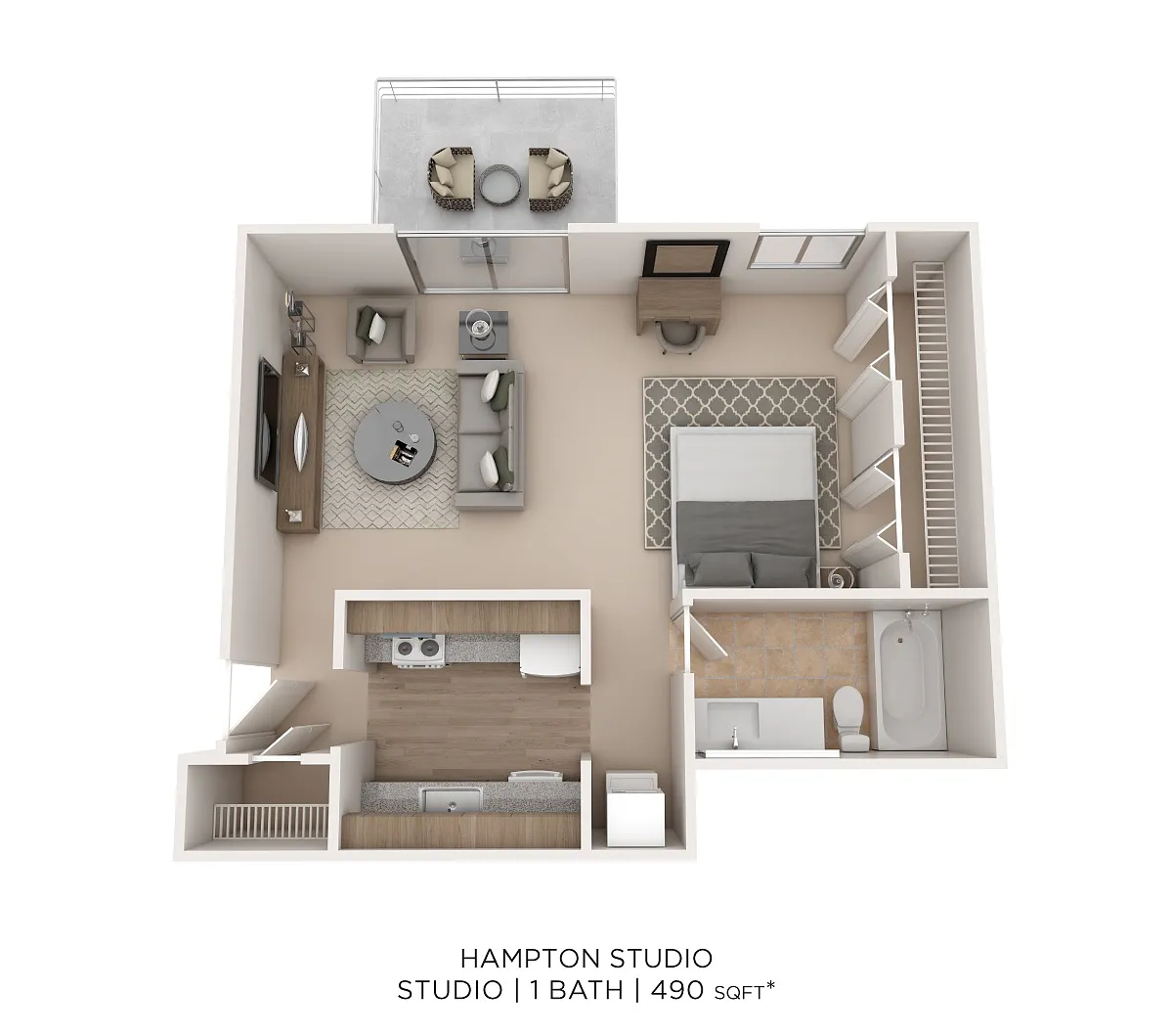 Floor plan Hampton Studio 1Bath 490sqft