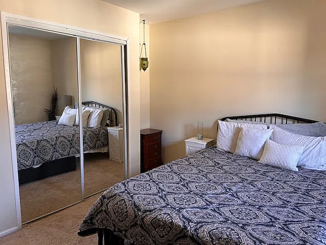 Master bedroom features sliding door, mirrored closet seen here.