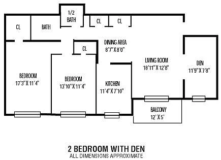 Floor plan 2 Bed 1.5 Bath with Den
