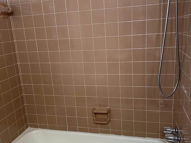 Bathtub with new shower head. Can rinse tile with end of shower head.