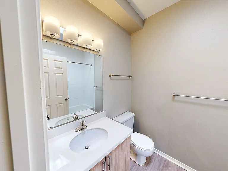 Apartment bathroom with wood-style flooring.